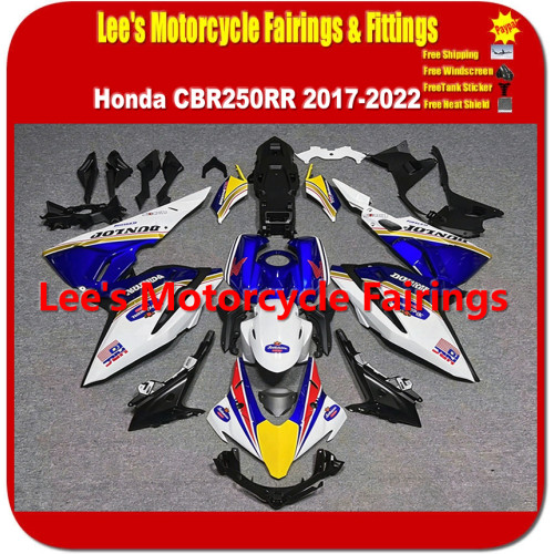 Honda CBR250RR 2017-2022 Injection Molded ABS Fairing Kit, Dunlop Race Replica Blue White Yellow Graphics Honda CBR250RR 2017-2022 Injection Molded ABS Fairing Kit, Dunlop Race Replica Blue White Yellow Graphics