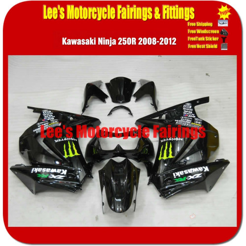 Kawasaki Ninja 250R (EX250J) 2008-2012 Fairing Kit, Gloss Black Monster Replica, Injection Molded Bodywork