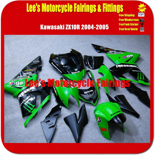 Kawasaki ZX10R 2004-2005 (ZX1000C) Ninja ABS Injection Fairing Kit, Green Black Monster Style Custom Painted Motorcycle Bodywork