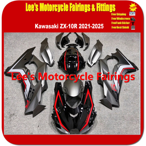 Kawasaki Ninja ZX-10R 2021-2025 (ZX1002L) ABS Injection Fairing Kit, Black Grey Red Stripe Custom Painted Motorcycle Body Panels Kawasaki Ninja ZX-10R 2021-2025 (ZX1002L) ABS Injection Fairing Kit, Black Grey Red Stripe Custom Painted Motorcycle Body Panels