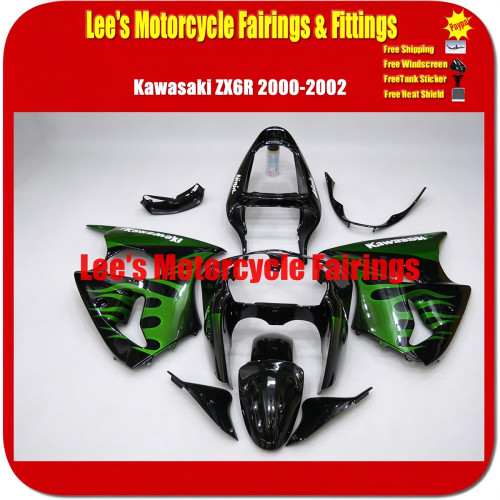 Kawasaki Ninja ZX-6R ZX600J 2000-2002 Fairing Kit Green Black Flame ABS Injection Body Panels