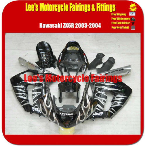 Kawasaki Ninja ZX-6R ZX-6RR ZX636B 2003-2004 Fairing Kit Black Silver Flame ABS Injection Race Bodywork