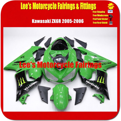 Kawasaki Ninja ZX-6R ZX-6RR ZX636C 2005-2006 Fairing Kit Green Black Monster Dunlop ABS Injection Panels