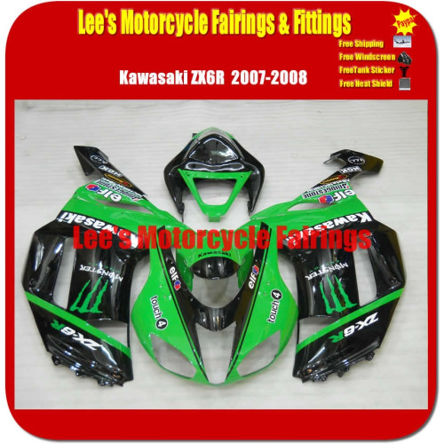 Kawasaki Ninja ZX-6R (ZX600P) 2007-2008 Fairing Kit, Injection Mold Bodywork Green Black Monster Style Kawasaki Ninja ZX-6R (ZX600P) 2007-2008 Fairing Kit, Injection Mold Bodywork Green Black Monster Style